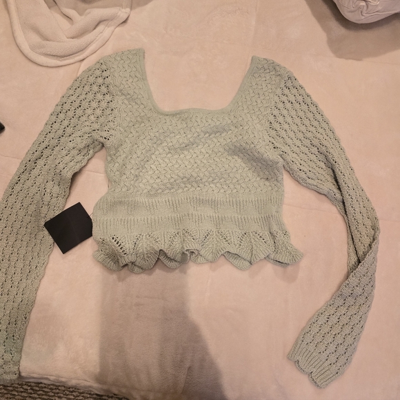 Lulus Tops - Lulu's Lucky Cutie Sage Green Crochet Long Sleeve Sweater Top